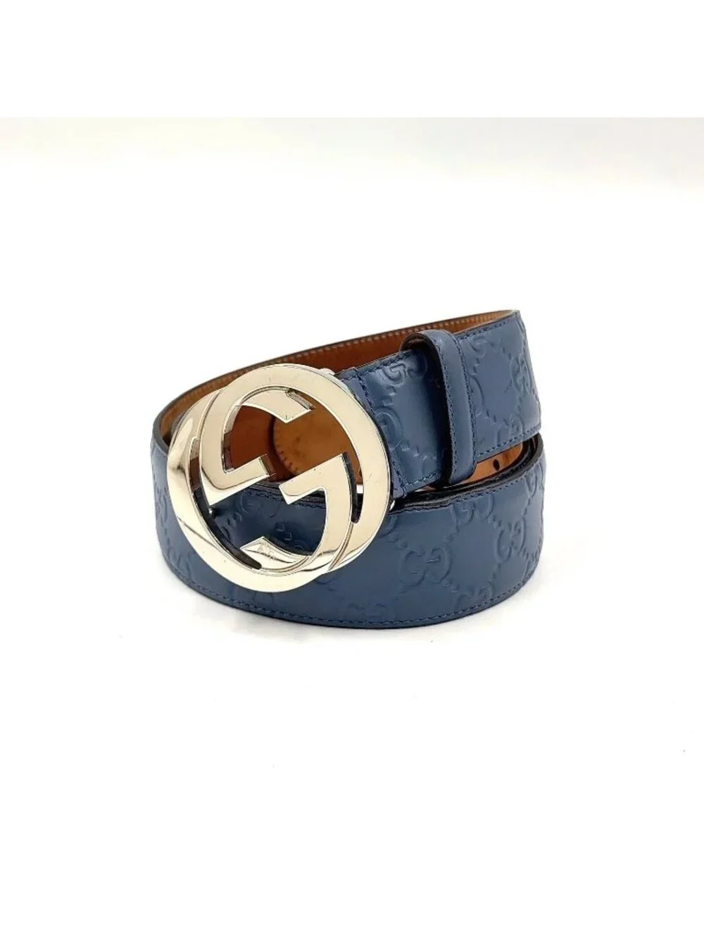 Gucci Interlocking G Buckle Leather Metal Blue Gray Belt Silver